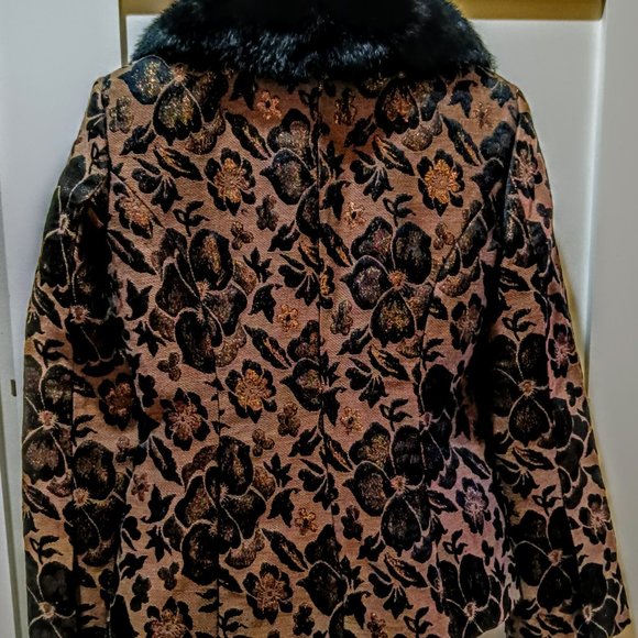 Gorgeous Cache Bronze Black Metallic Floral Brocade Blazer Removable Fur Collar - Picture 3 of 10